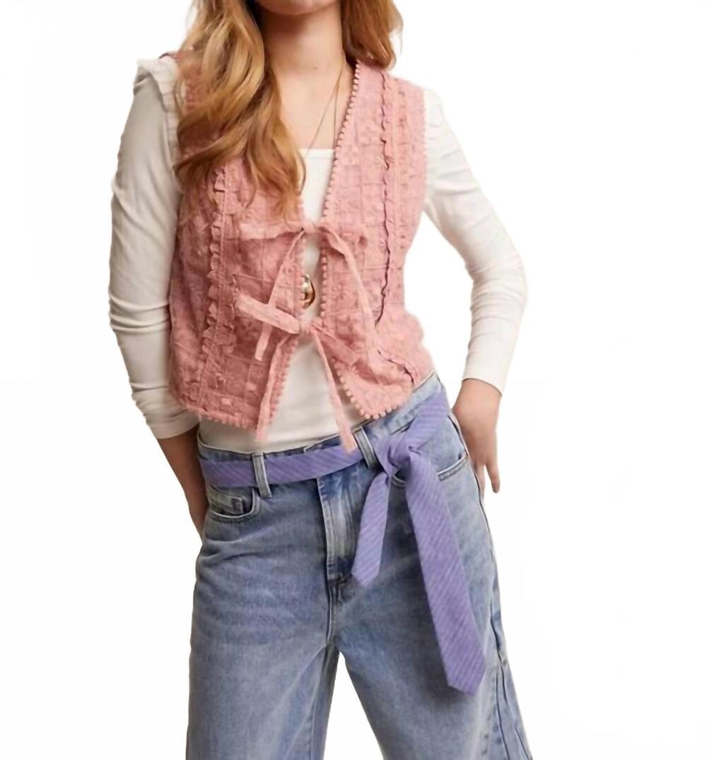 NEW LISTICLE embroidered lace tie-front vest in blush
